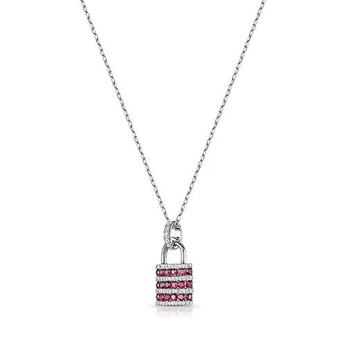 18ct White Gold Round-Cut Ruby & Brilliant-Cut Diamond Padlock Necklace 1.44ct