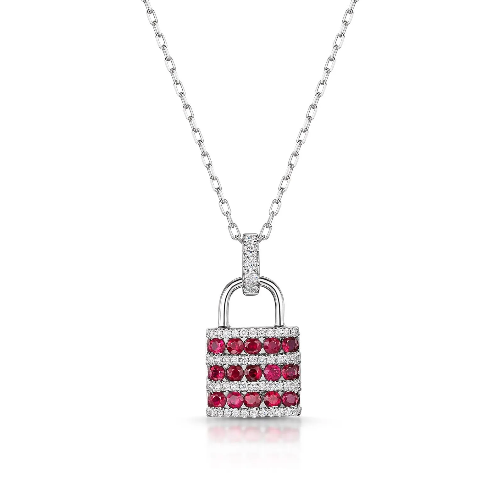 18ct White Gold Round-Cut Ruby & Brilliant-Cut Diamond Padlock Necklace 1.44ct