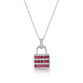 18ct White Gold Round-Cut Ruby & Brilliant-Cut Diamond Padlock Necklace 1.44ct