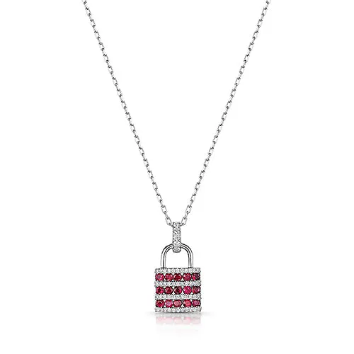 18ct White Gold Round-Cut Ruby & Brilliant-Cut Diamond Padlock Necklace 1.44ct
