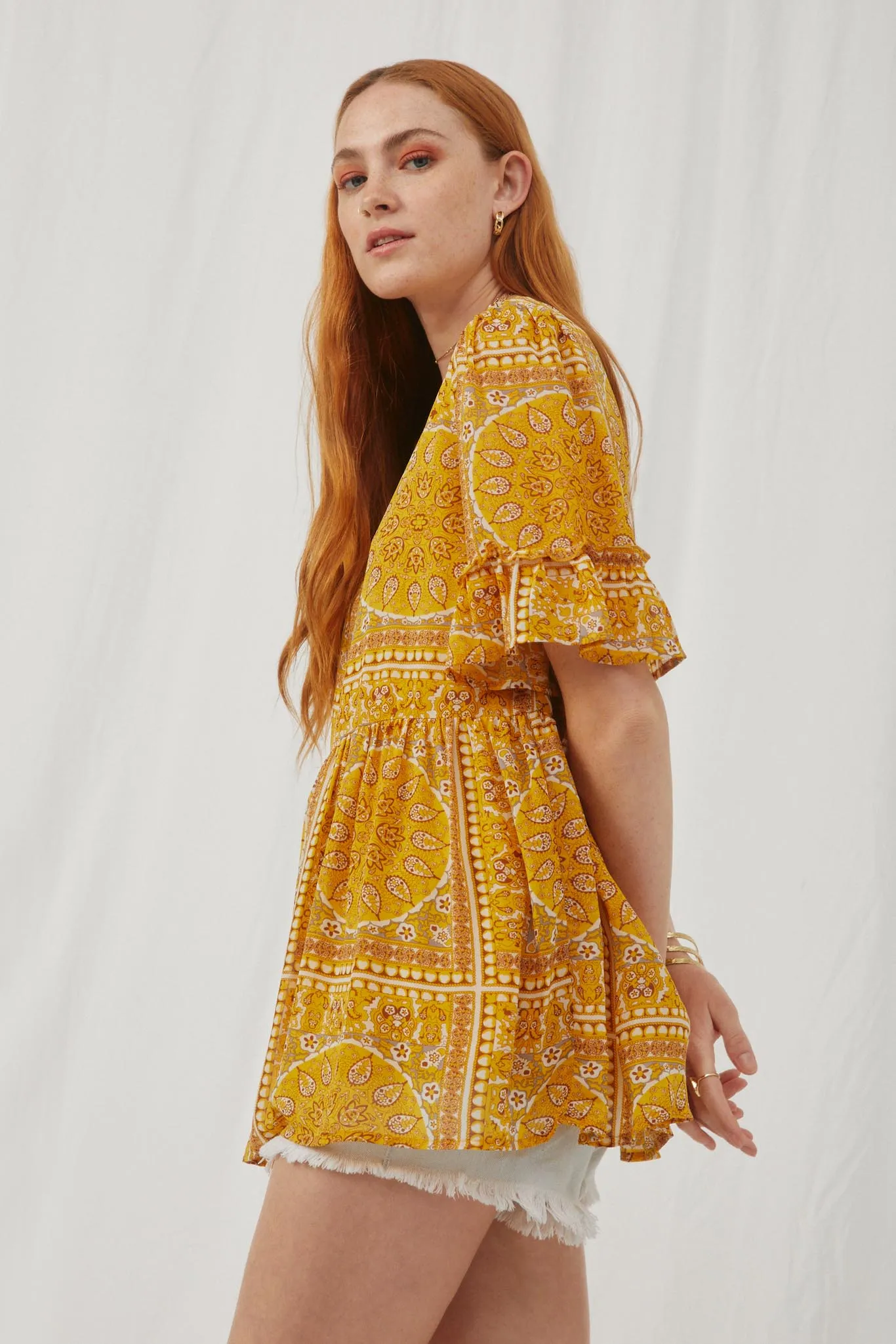 Bandana Print Ruffle Sleeve Peplum Top