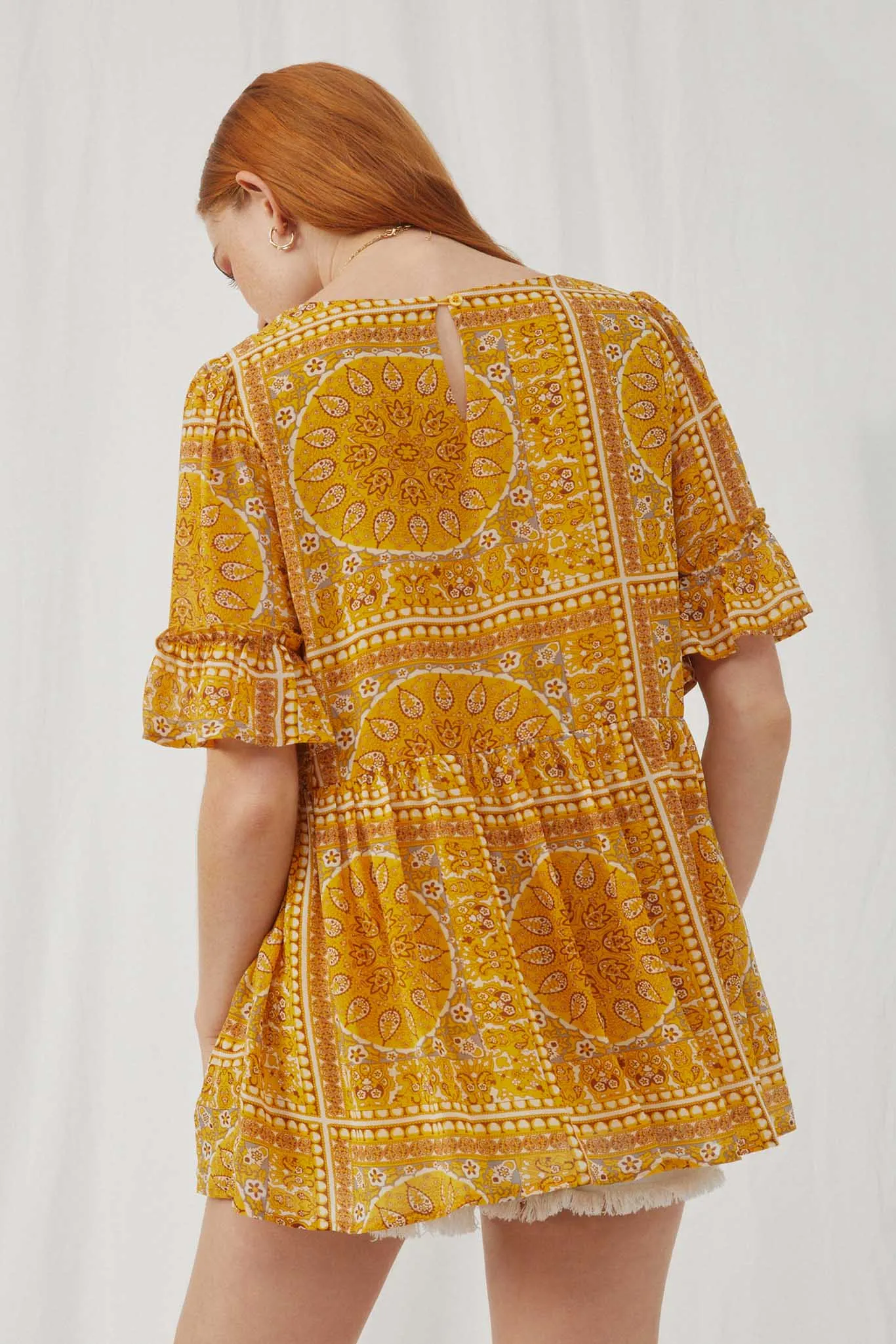 Bandana Print Ruffle Sleeve Peplum Top