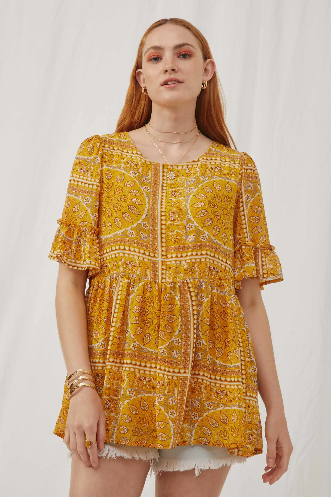 Bandana Print Ruffle Sleeve Peplum Top