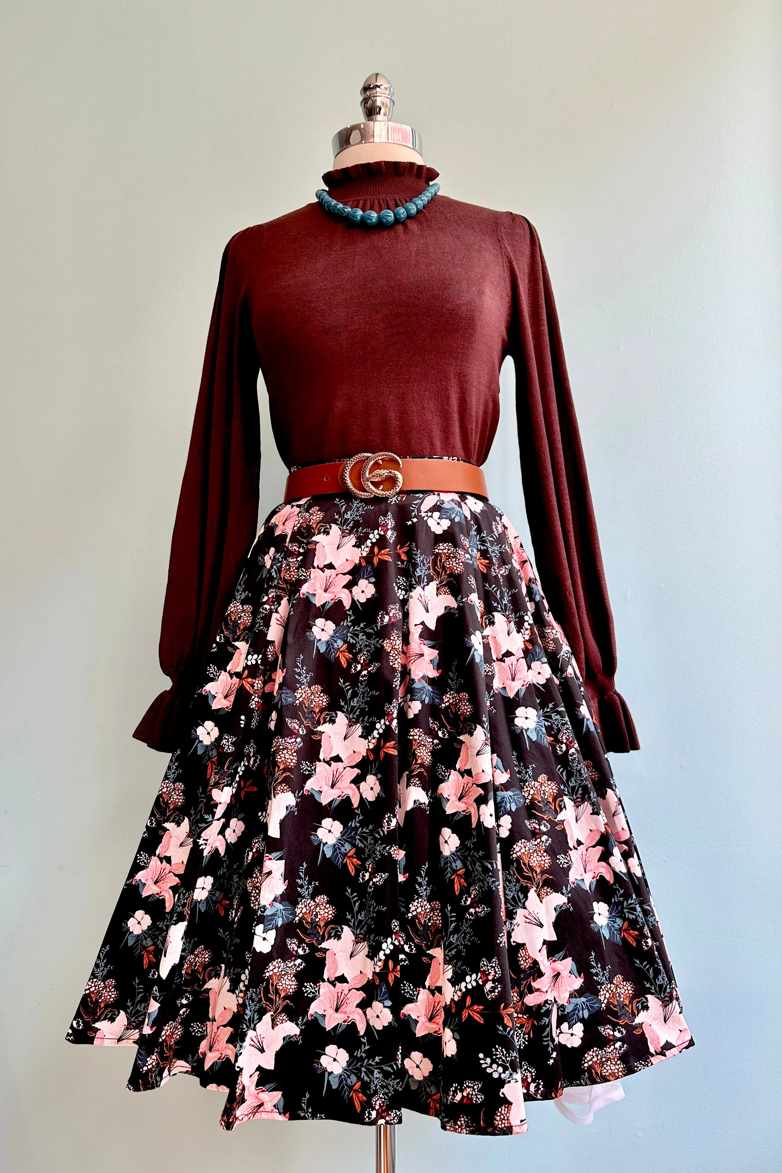 Brown Mock Neck Ruffle Trim Sweater