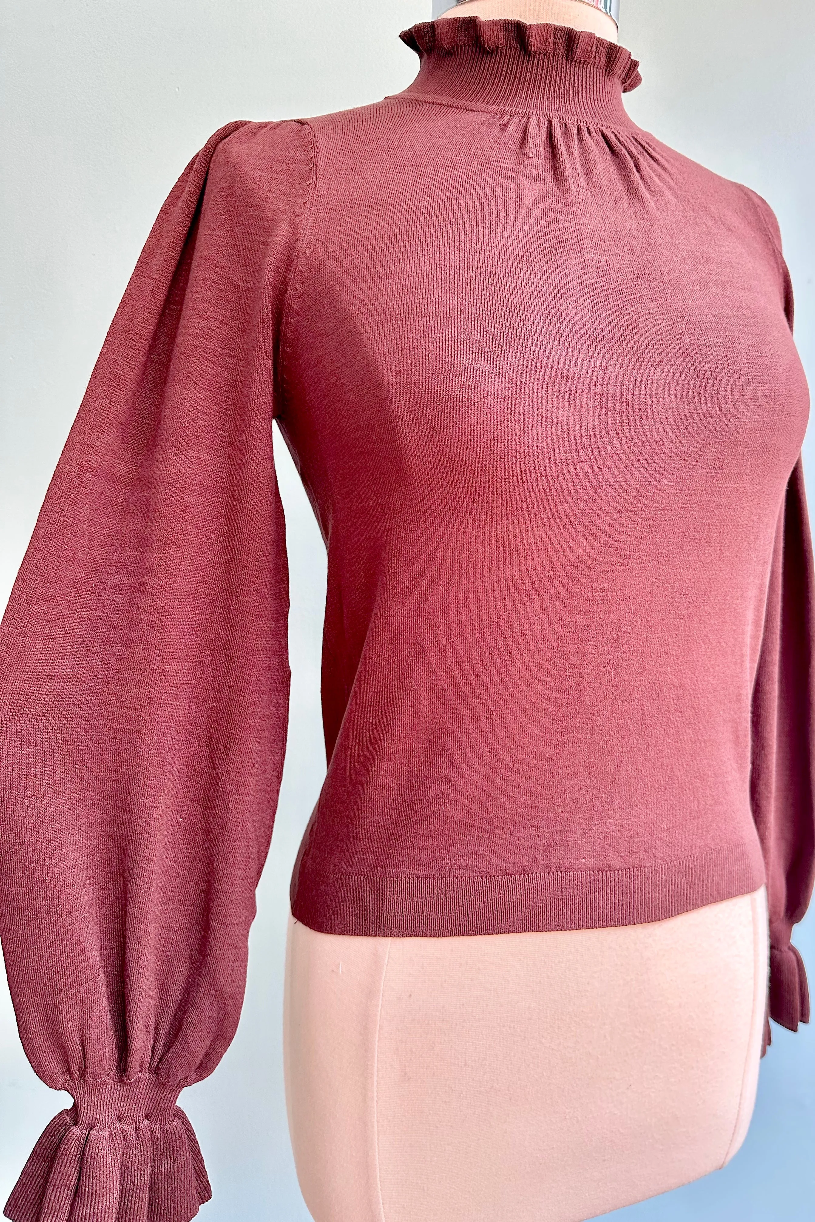 Brown Mock Neck Ruffle Trim Sweater