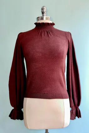 Brown Mock Neck Ruffle Trim Sweater