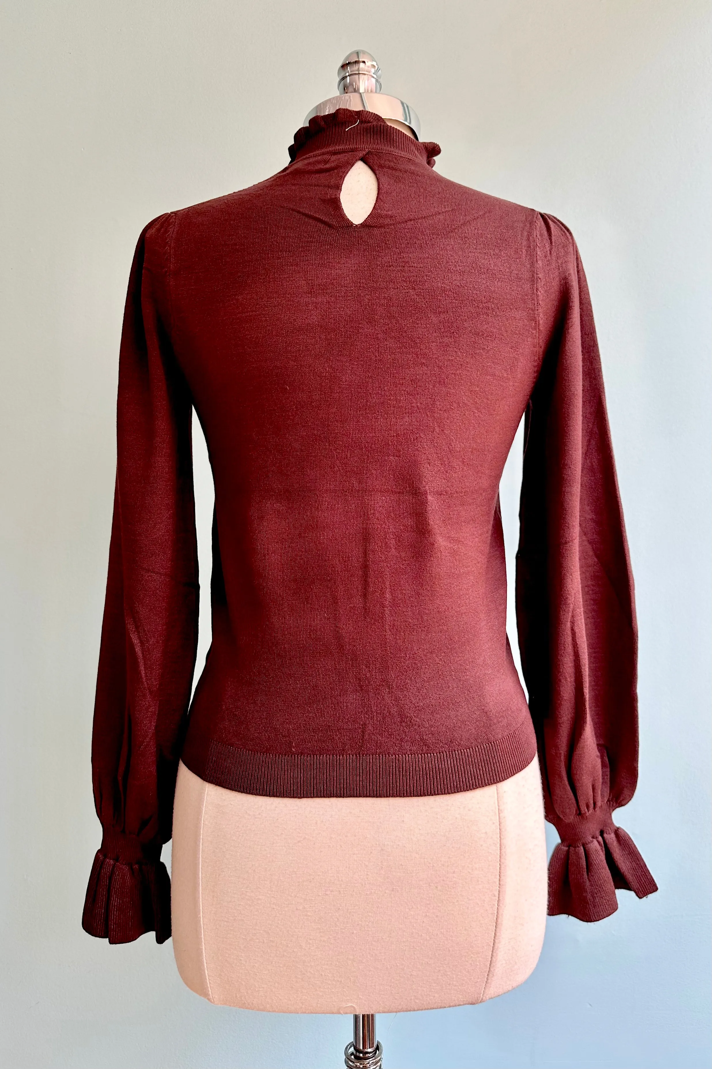 Brown Mock Neck Ruffle Trim Sweater