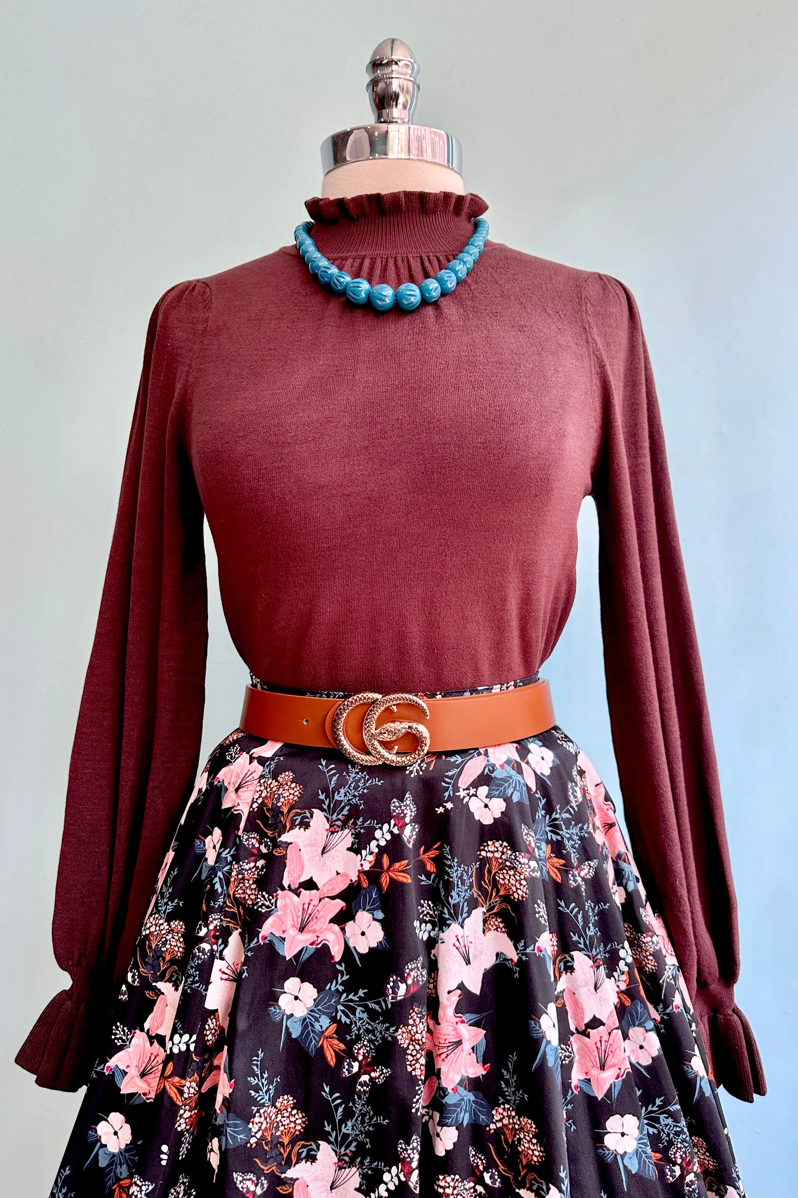 Brown Mock Neck Ruffle Trim Sweater