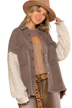 Contrast Sweater Sleeve Button Down Shacket