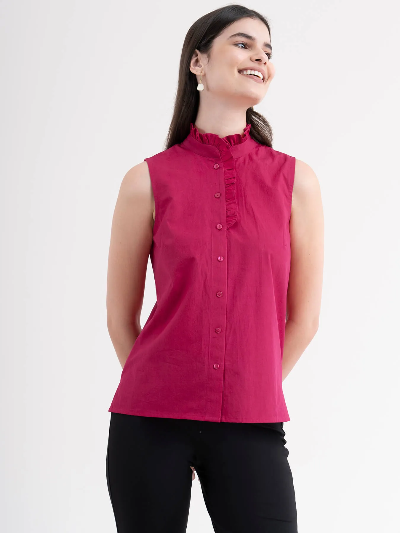 Cotton Ruffle Detail Top - Fuchsia