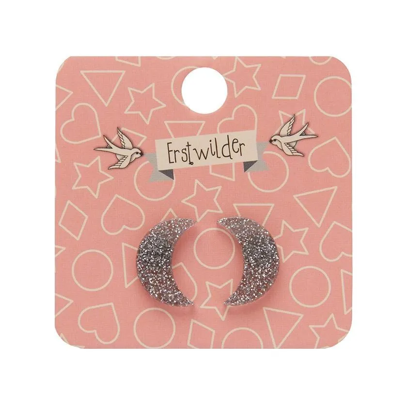 Crescent Moon Glitter Resin Stud Earrings - Silver