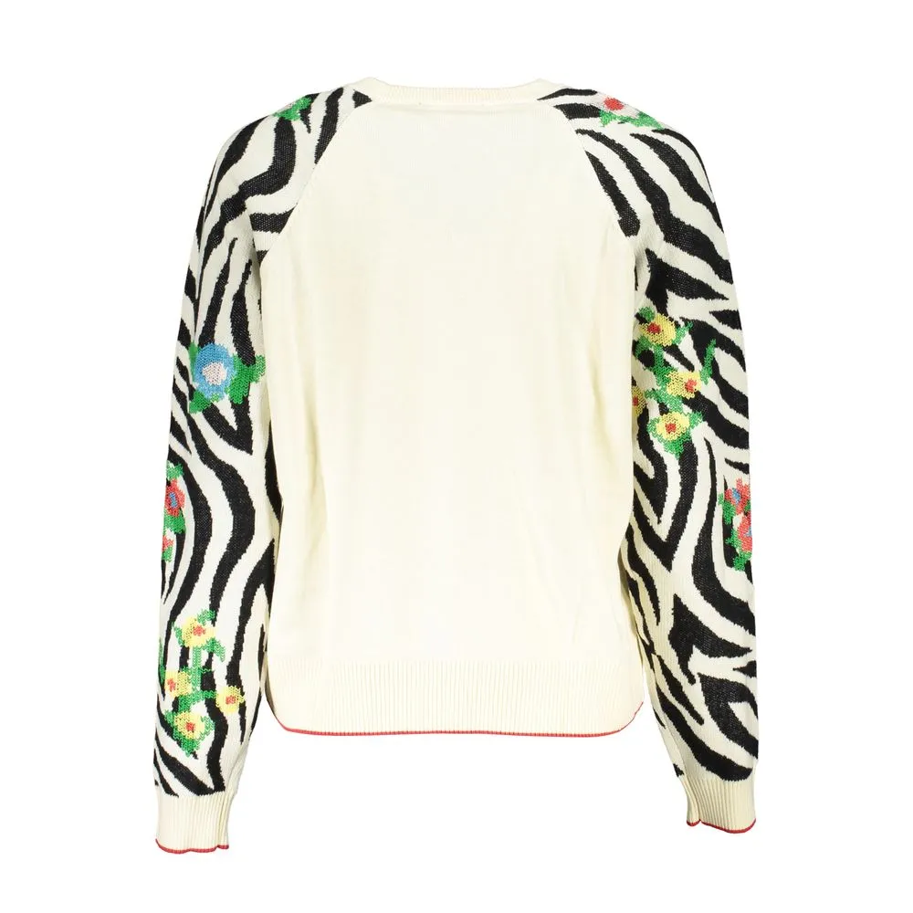 Desigual Elegant White Crew Neck Sweater with Contrast Women's Details