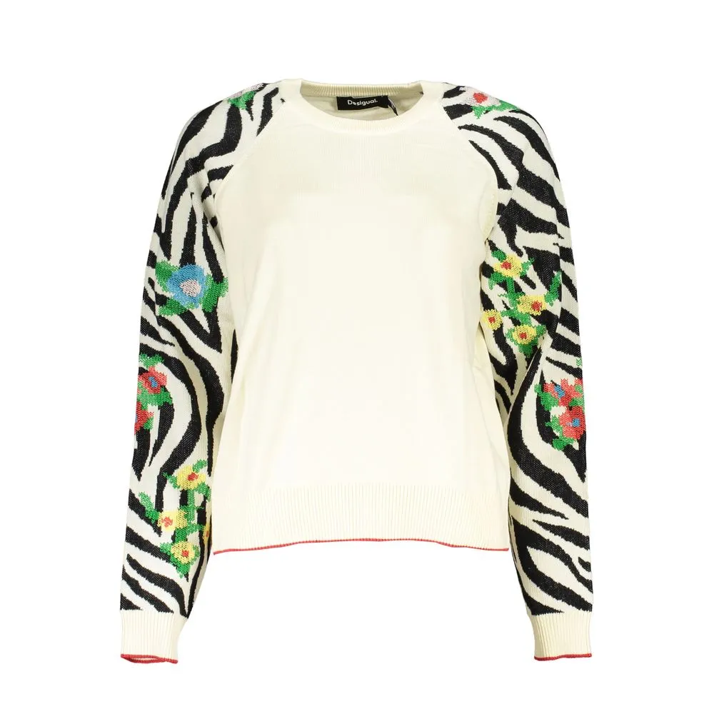 Desigual Elegant White Crew Neck Sweater with Contrast Women's Details