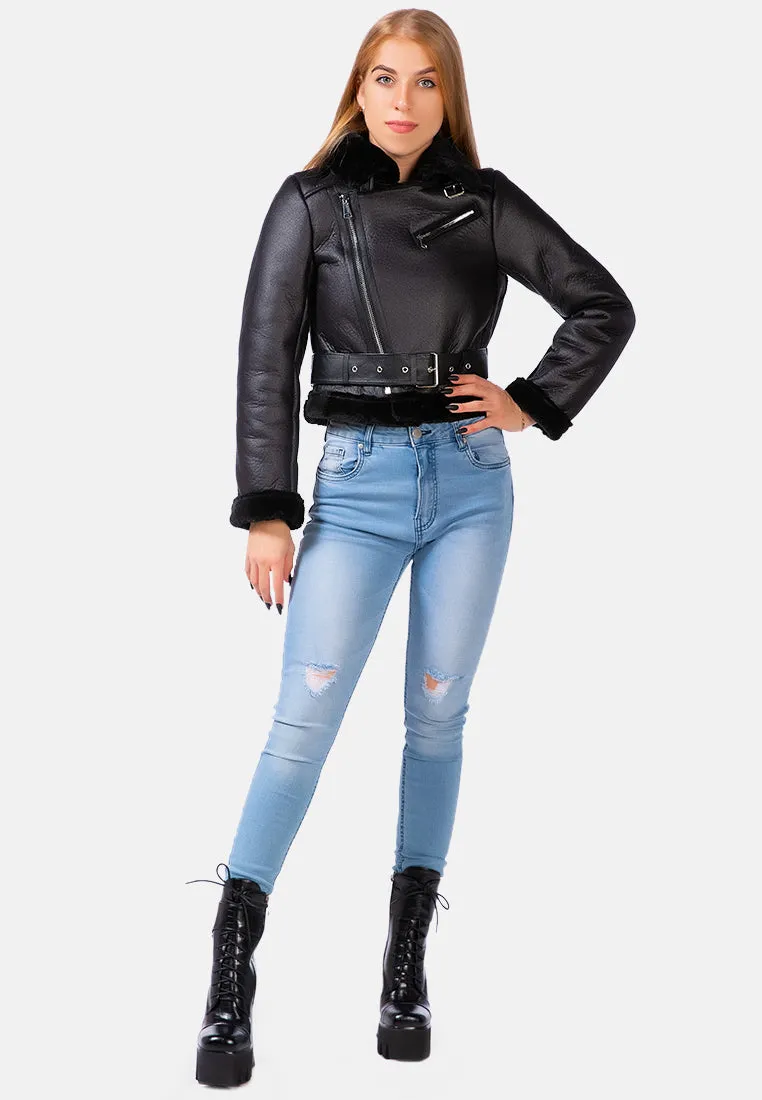 Faux Leather Fur Collared Biker Jacket