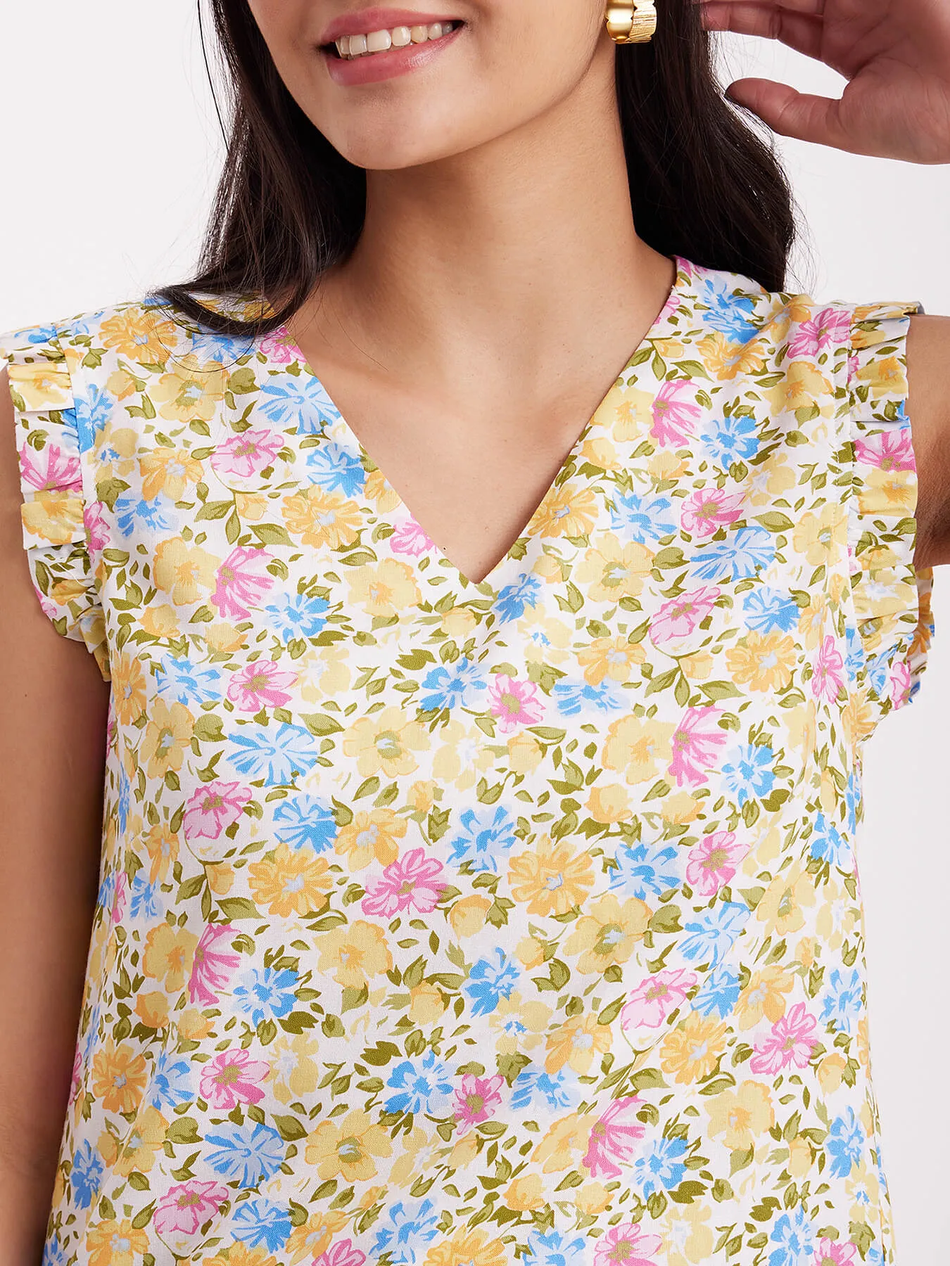 Floral Print Ruffle Top - Multicolour