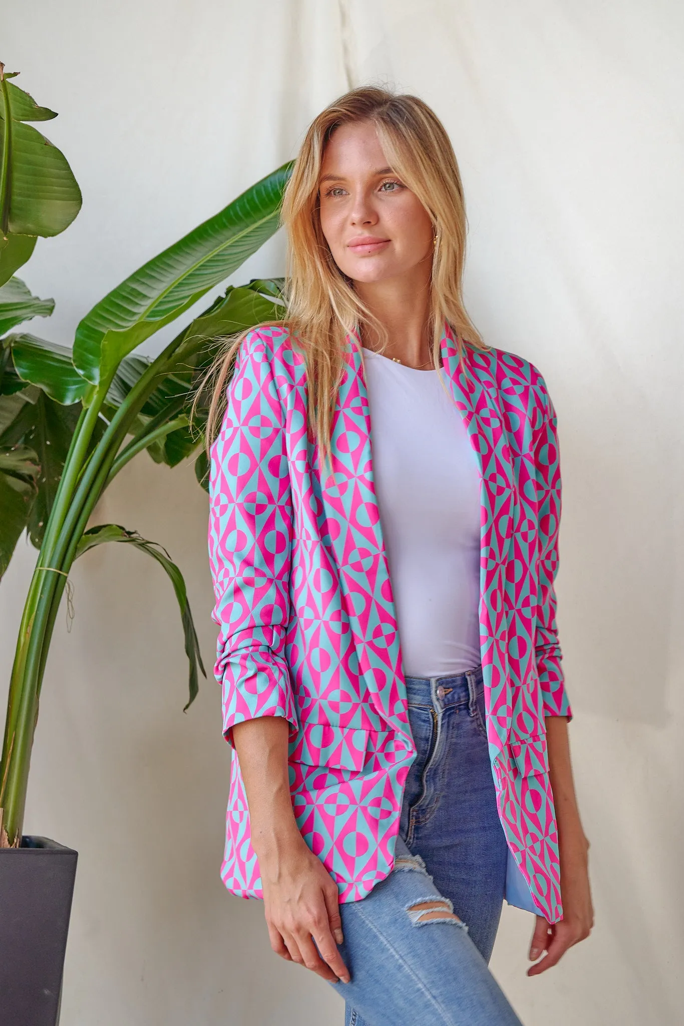 Geometric Print Ruched Sleeve Blazer