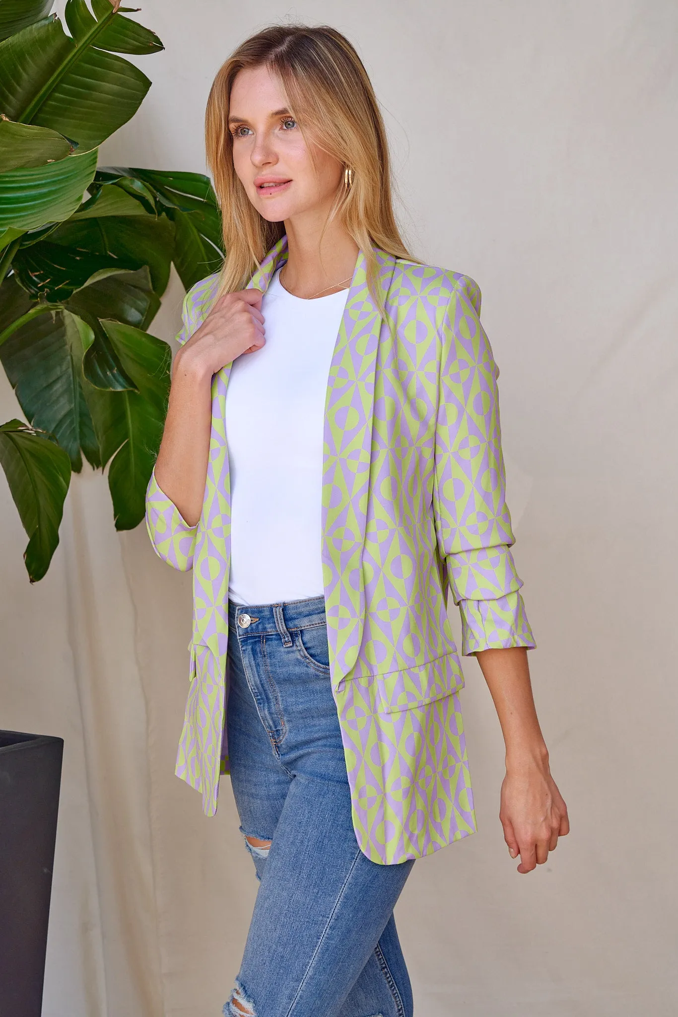 Geometric Print Ruched Sleeve Blazer