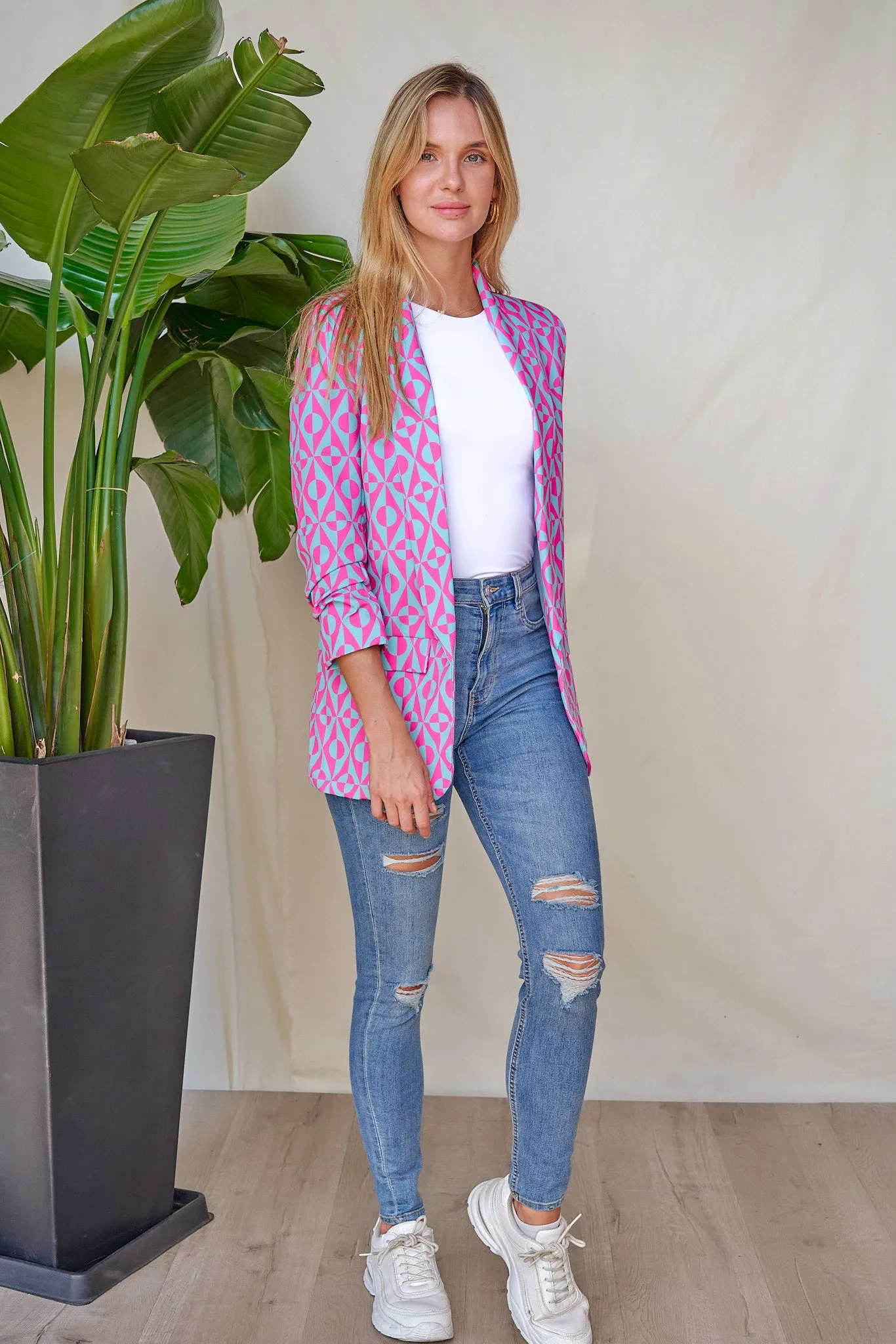 Geometric Print Ruched Sleeve Blazer