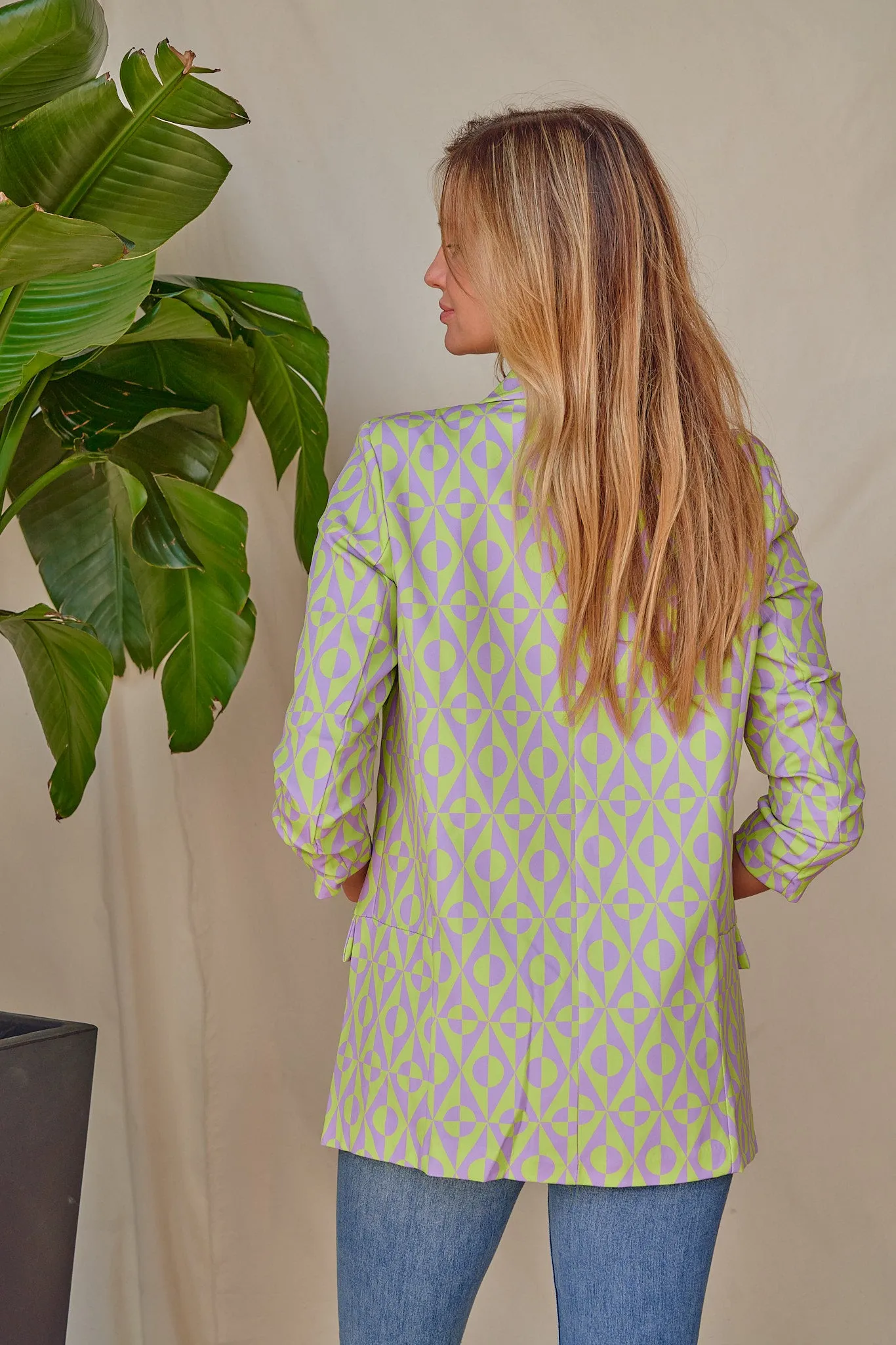 Geometric Print Ruched Sleeve Blazer