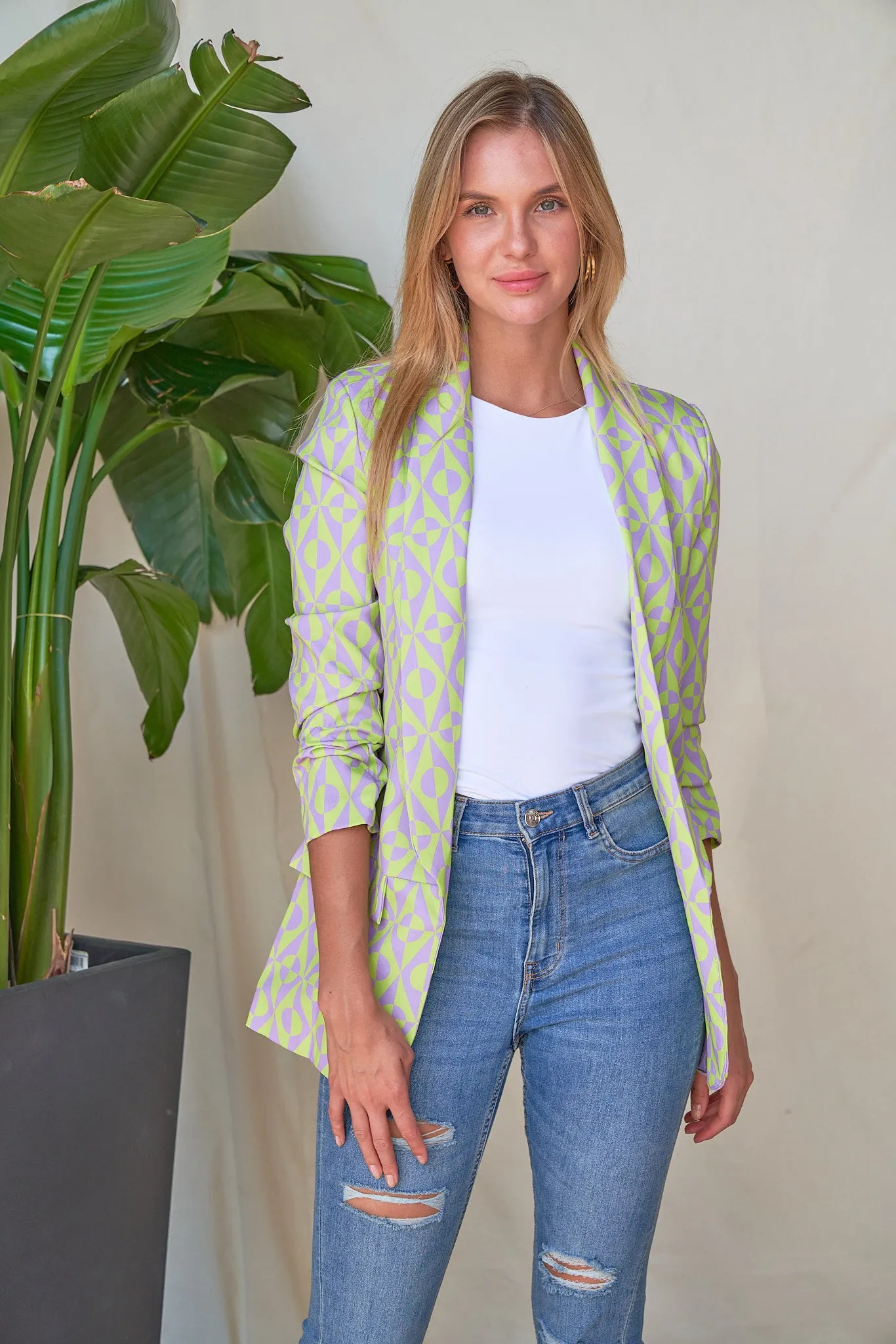 Geometric Print Ruched Sleeve Blazer