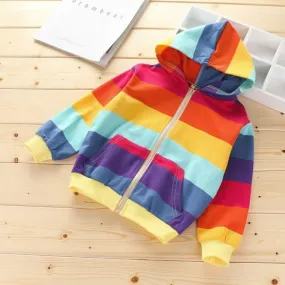Girls' Hooded Zip-Up Cardigan Jacket with Horizontal Stripes in Blue and Yellow (Size: 140cm)