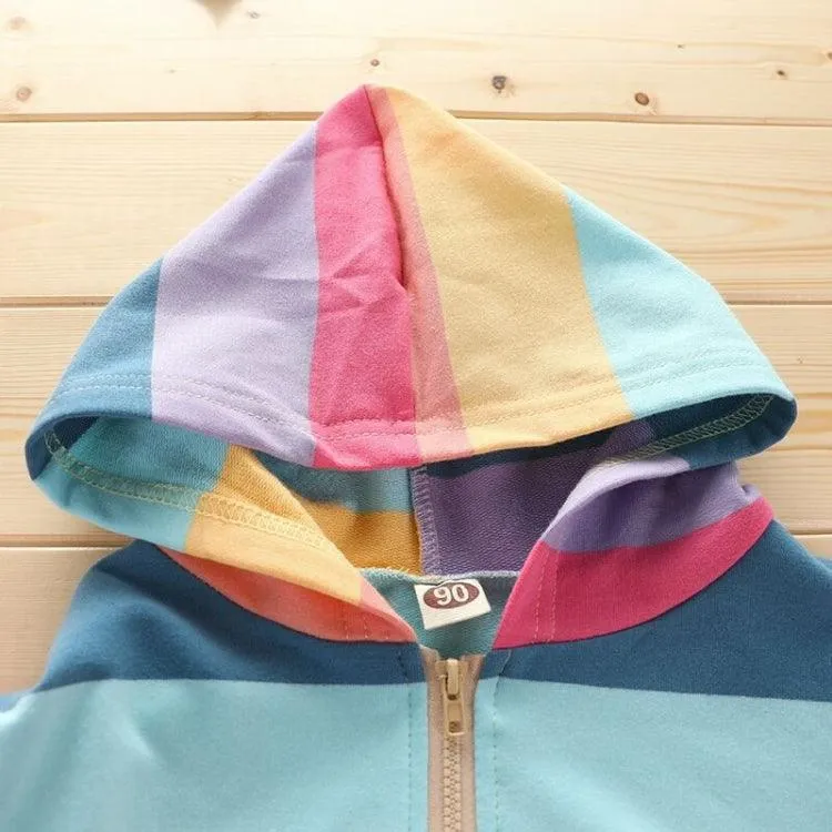 Girls' Hooded Zip-Up Cardigan Jacket with Horizontal Stripes in Blue and Yellow (Size: 140cm)