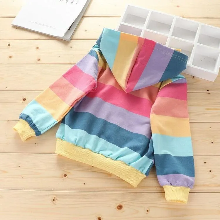 Girls' Hooded Zip-Up Cardigan Jacket with Horizontal Stripes in Blue and Yellow (Size: 140cm)