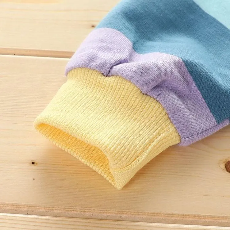 Girls' Hooded Zip-Up Cardigan Jacket with Horizontal Stripes in Blue and Yellow (Size: 140cm)