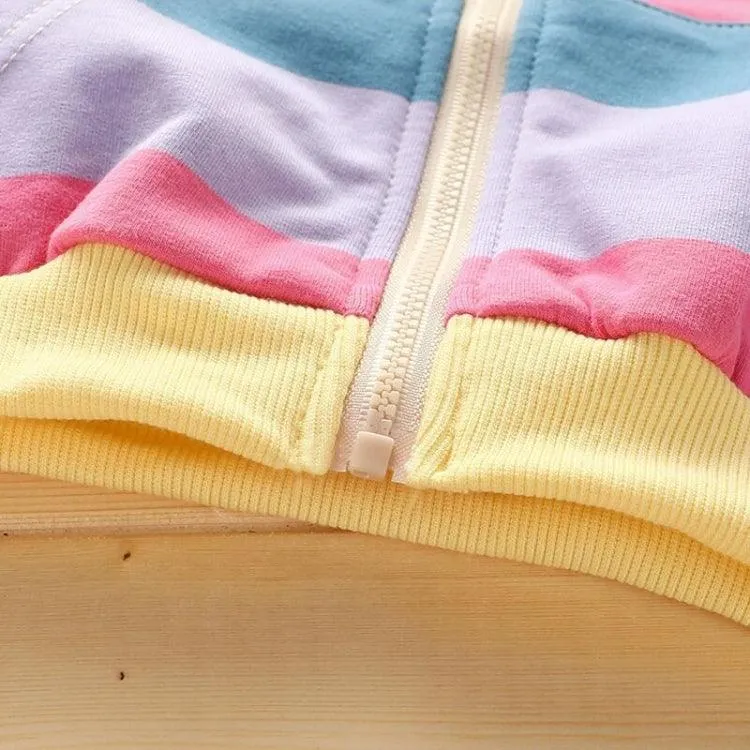 Girls' Hooded Zip-Up Cardigan Jacket with Horizontal Stripes in Blue and Yellow (Size: 140cm)