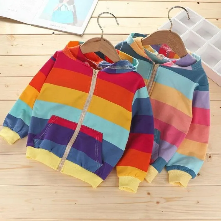 Girls' Hooded Zip-Up Cardigan Jacket with Horizontal Stripes in Blue and Yellow (Size: 140cm)