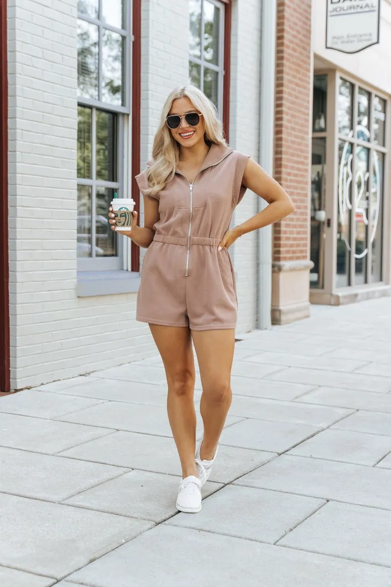 Mocha Collared Zip Up Romper - FINAL SALE